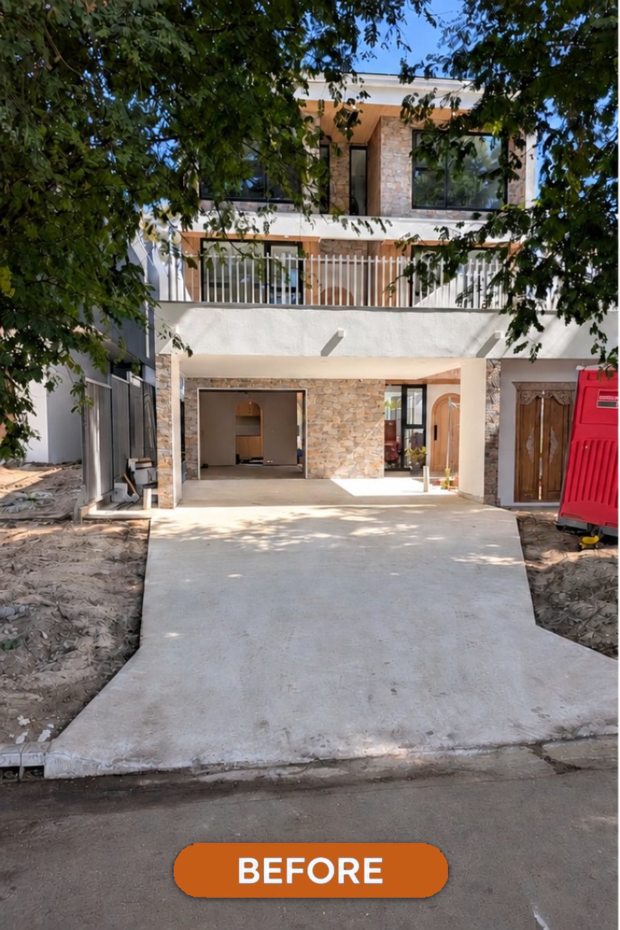 Driveway before, bare and stained concrete